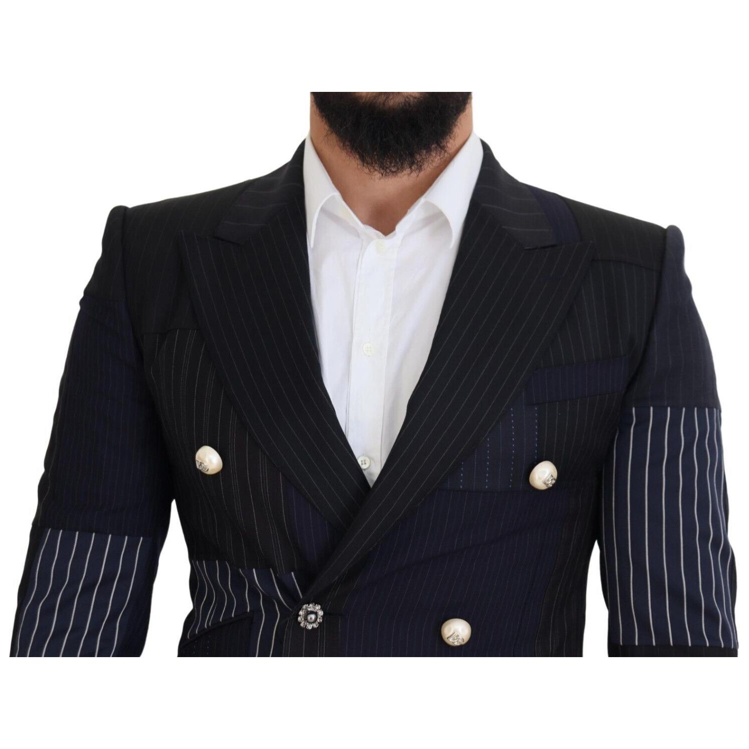 Dolce & Gabbana Blue Wool Patchwork Double Breasted Blazer