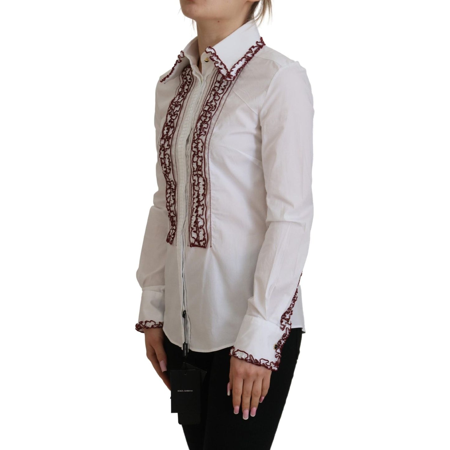 Dolce & Gabbana White Lace Long Sleeves Ruffle Collar Top