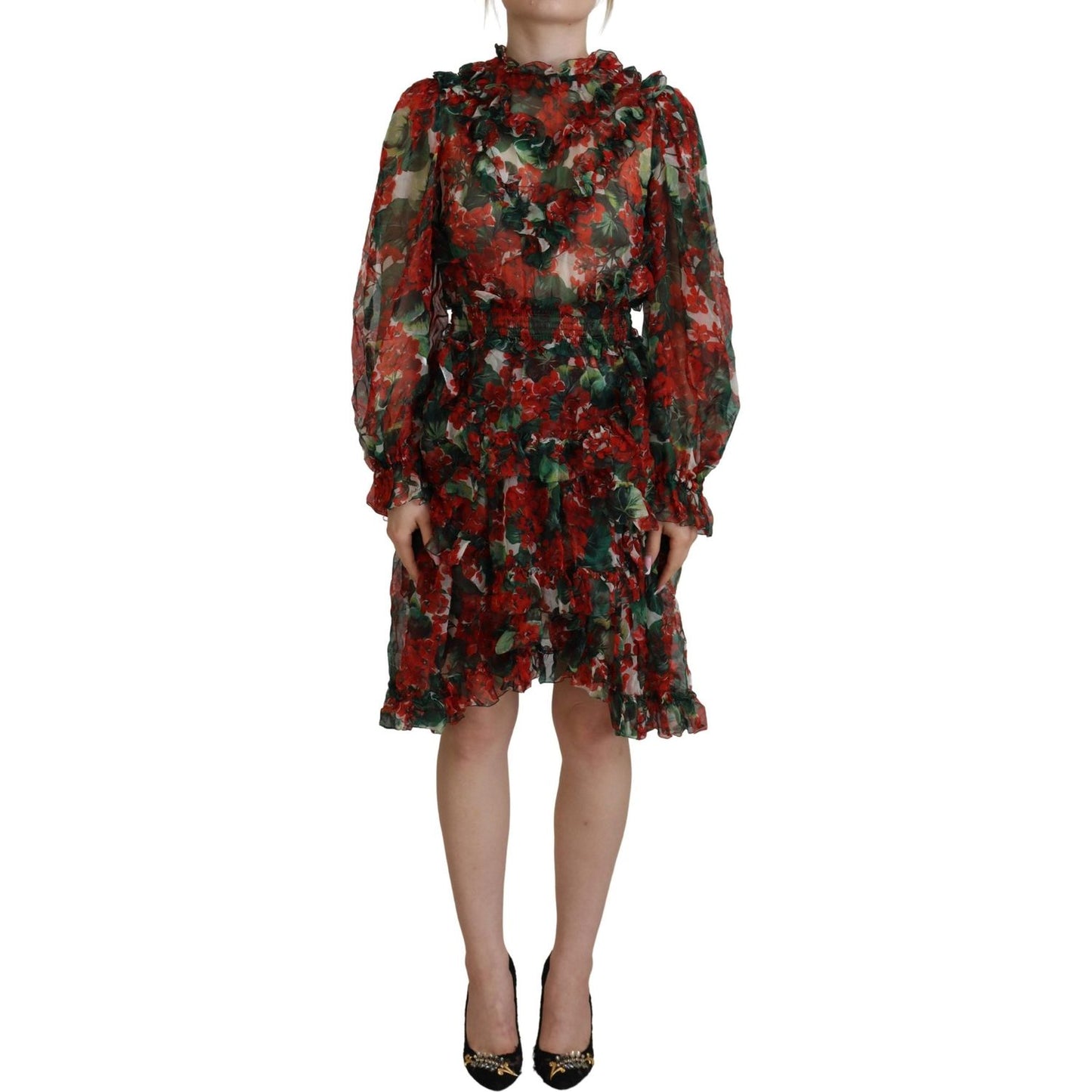 Dolce & Gabbana Multicolor Geranium A-line Knee Length Dress 1728,67345645728,Clothing,Dolce & Gabbana,Dresses - Clothing,Dresses - Women - Clothing,IT40|S,Longsleeve - Dresses - Clothing,Material: 100% Silk,Midi - Dresses - Clothing,Multicolor,New with t