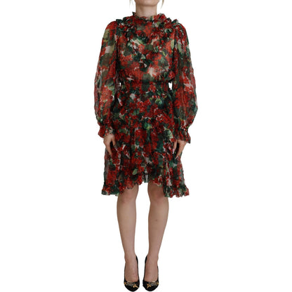 Dolce & Gabbana Multicolor Geranium A-line Knee Length Dress 1728,67345645728,Clothing,Dolce & Gabbana,Dresses - Clothing,Dresses - Women - Clothing,IT40|S,Longsleeve - Dresses - Clothing,Material: 100% Silk,Midi - Dresses - Clothing,Multicolor,New with t