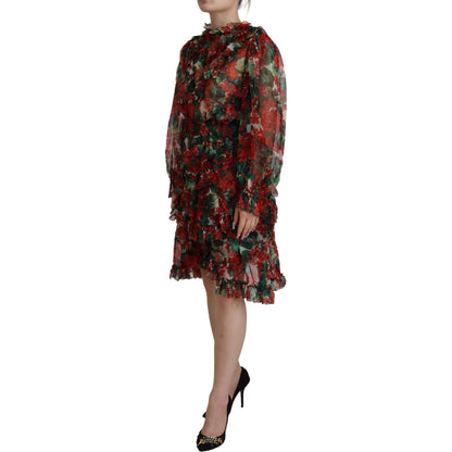 Dolce & Gabbana Multicolor Geranium A-line Knee Length Dress 1728,67345645728,Clothing,Dolce & Gabbana,Dresses - Clothing,Dresses - Women - Clothing,IT40|S,Longsleeve - Dresses - Clothing,Material: 100% Silk,Midi - Dresses - Clothing,Multicolor,New with t