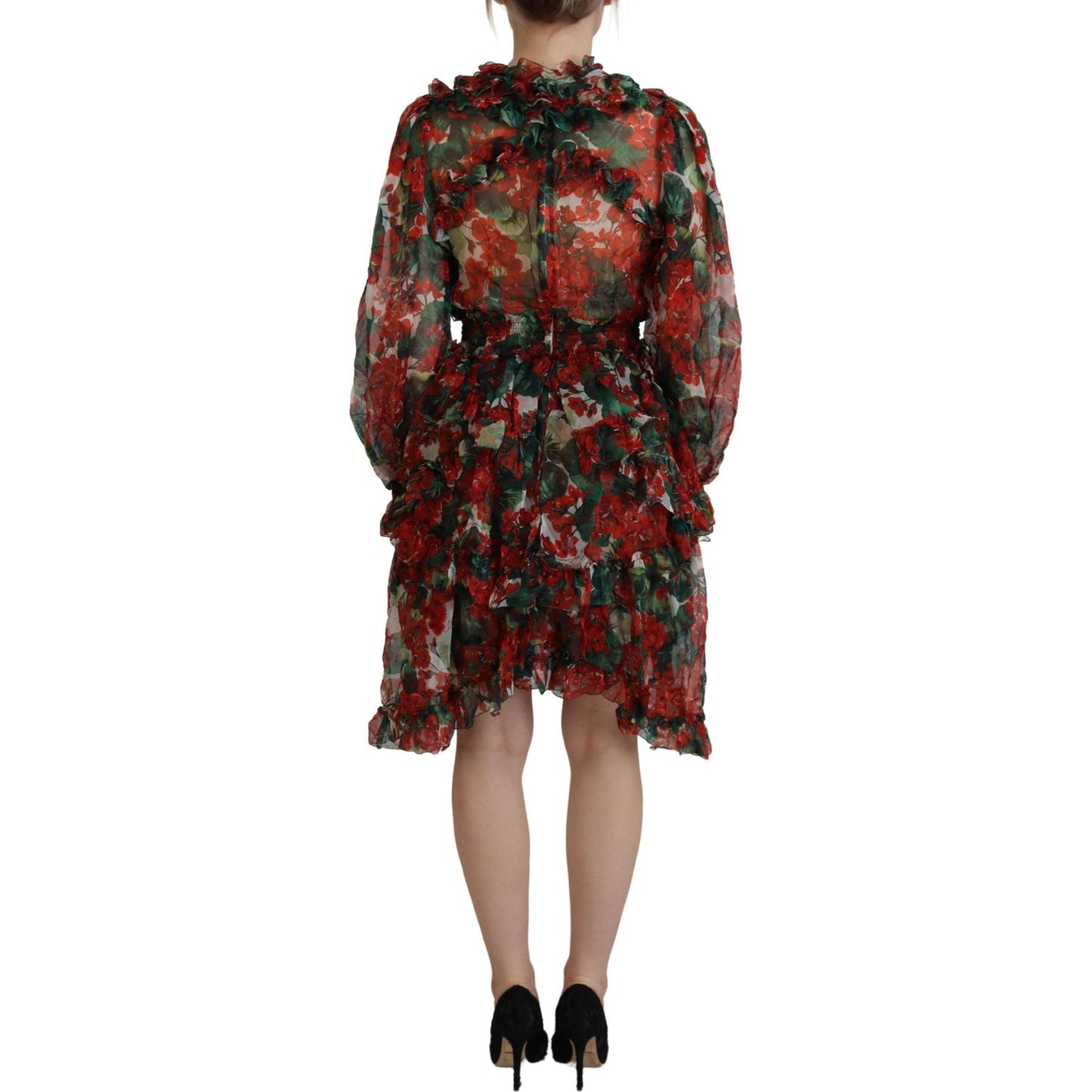 Dolce & Gabbana Multicolor Geranium A-line Knee Length Dress 1728,67345645728,Clothing,Dolce & Gabbana,Dresses - Clothing,Dresses - Women - Clothing,IT40|S,Longsleeve - Dresses - Clothing,Material: 100% Silk,Midi - Dresses - Clothing,Multicolor,New with t