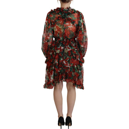 Dolce & Gabbana Multicolor Geranium A-line Knee Length Dress 1728,67345645728,Clothing,Dolce & Gabbana,Dresses - Clothing,Dresses - Women - Clothing,IT40|S,Longsleeve - Dresses - Clothing,Material: 100% Silk,Midi - Dresses - Clothing,Multicolor,New with t