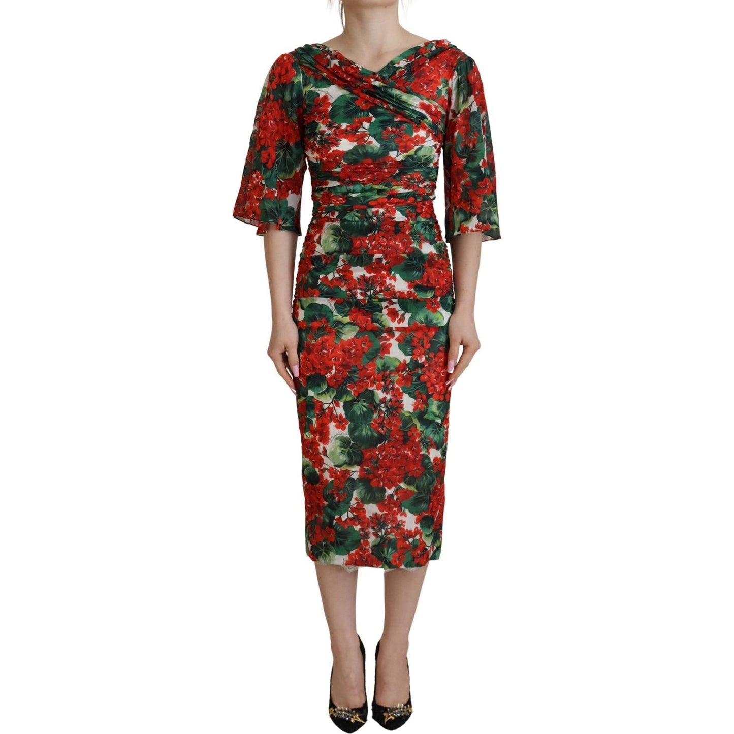 Dolce & Gabbana Multicolor Geranium Silk Sheath Midi Dress 1728,67345645728,Clothing,Dolce & Gabbana,Dresses - Clothing,Dresses - Women - Clothing,IT38 | XS,Material: 93% Silk 7% Elastane,Midi - Dresses - Clothing,Multicolor,New with tags,Shortsleeve - Dr