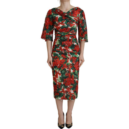 Dolce & Gabbana Multicolor Geranium Silk Sheath Midi Dress 1728,67345645728,Clothing,Dolce & Gabbana,Dresses - Clothing,Dresses - Women - Clothing,IT38 | XS,Material: 93% Silk 7% Elastane,Midi - Dresses - Clothing,Multicolor,New with tags,Shortsleeve - Dr