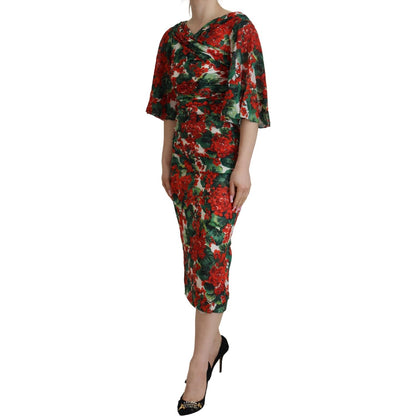 Dolce & Gabbana Multicolor Geranium Silk Sheath Midi Dress 1728,67345645728,Clothing,Dolce & Gabbana,Dresses - Clothing,Dresses - Women - Clothing,IT38 | XS,Material: 93% Silk 7% Elastane,Midi - Dresses - Clothing,Multicolor,New with tags,Shortsleeve - Dr