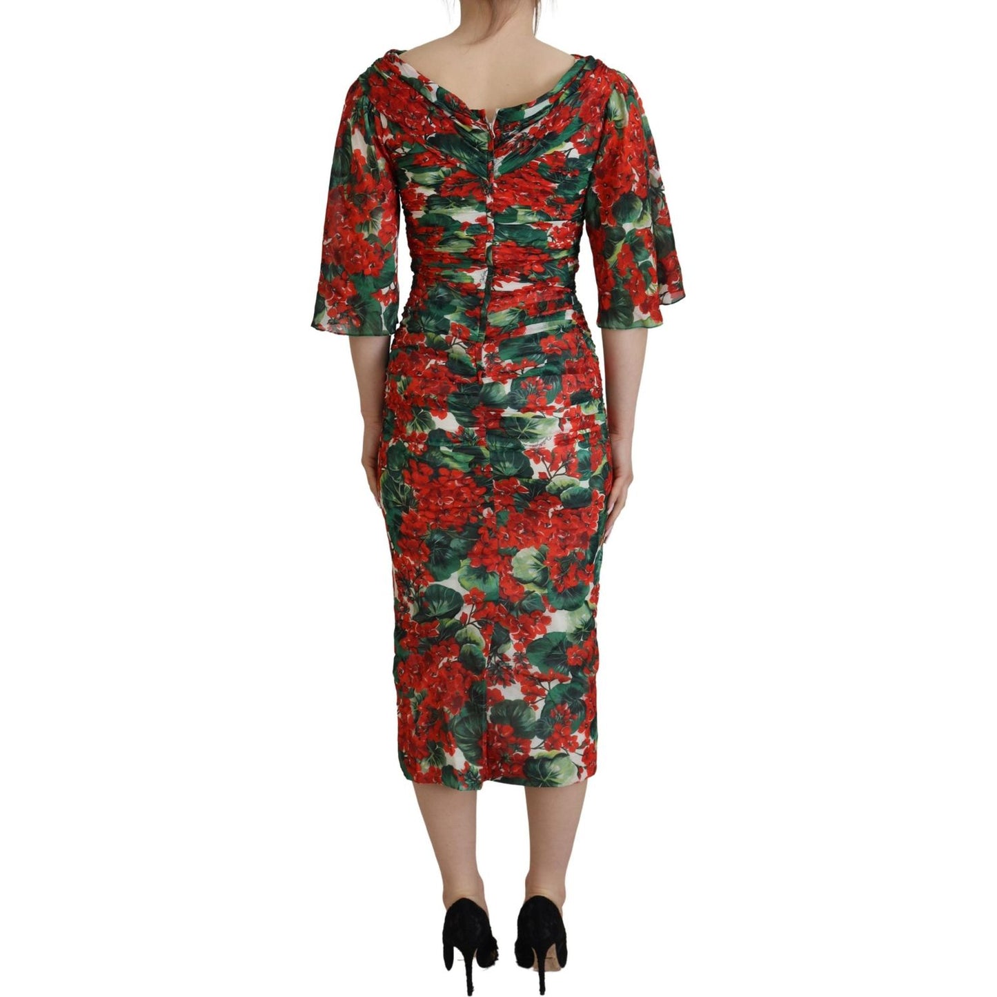 Dolce & Gabbana Multicolor Geranium Silk Sheath Midi Dress 1728,67345645728,Clothing,Dolce & Gabbana,Dresses - Clothing,Dresses - Women - Clothing,IT38 | XS,Material: 93% Silk 7% Elastane,Midi - Dresses - Clothing,Multicolor,New with tags,Shortsleeve - Dr