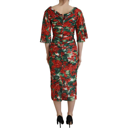 Dolce & Gabbana Multicolor Geranium Silk Sheath Midi Dress 1728,67345645728,Clothing,Dolce & Gabbana,Dresses - Clothing,Dresses - Women - Clothing,IT38 | XS,Material: 93% Silk 7% Elastane,Midi - Dresses - Clothing,Multicolor,New with tags,Shortsleeve - Dr