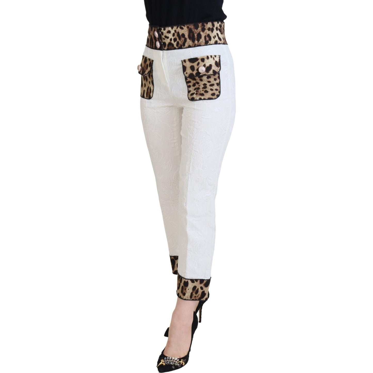 Dolce & Gabbana White Leopard Print High Waist Pants 1% Elastane,1728,21% Silk,67345645728,7% Viscose,Clothing,Cropped Pants - Pants - Clothing,Dolce & Gabbana,IT36|XXS,Jeans & Pants - Women - Clothing,Material: 71% Cotton,New with tags,Pants - Clothing,W