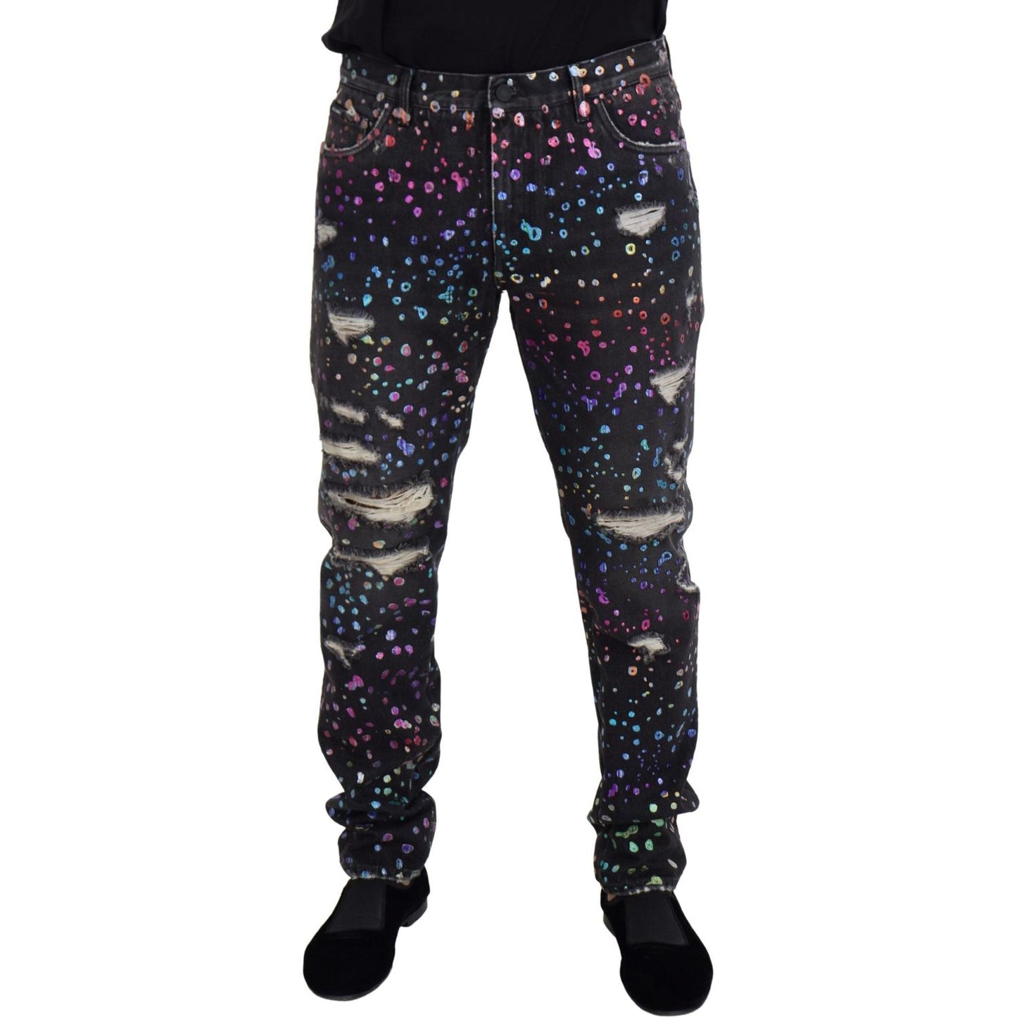 Dolce & Gabbana Black Multicolor Print Tattered Denim Jeans