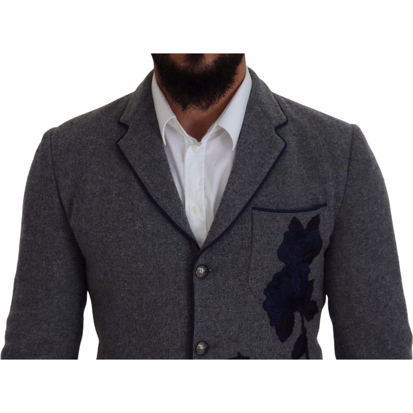 Dolce & Gabbana Gray Wool Roses Slim Fit Jacket Blazer 1728,30% Cupro,34% Acetate,67345645728,Blazers - Men - Clothing,Blazers - Suits & Blazers - Clothing,Clothing,Dolce & Gabbana,Gray,IT44 | XS,IT46 | S,Material: 100% Wool Lining: 36% Rayon,Men,Men - Cl