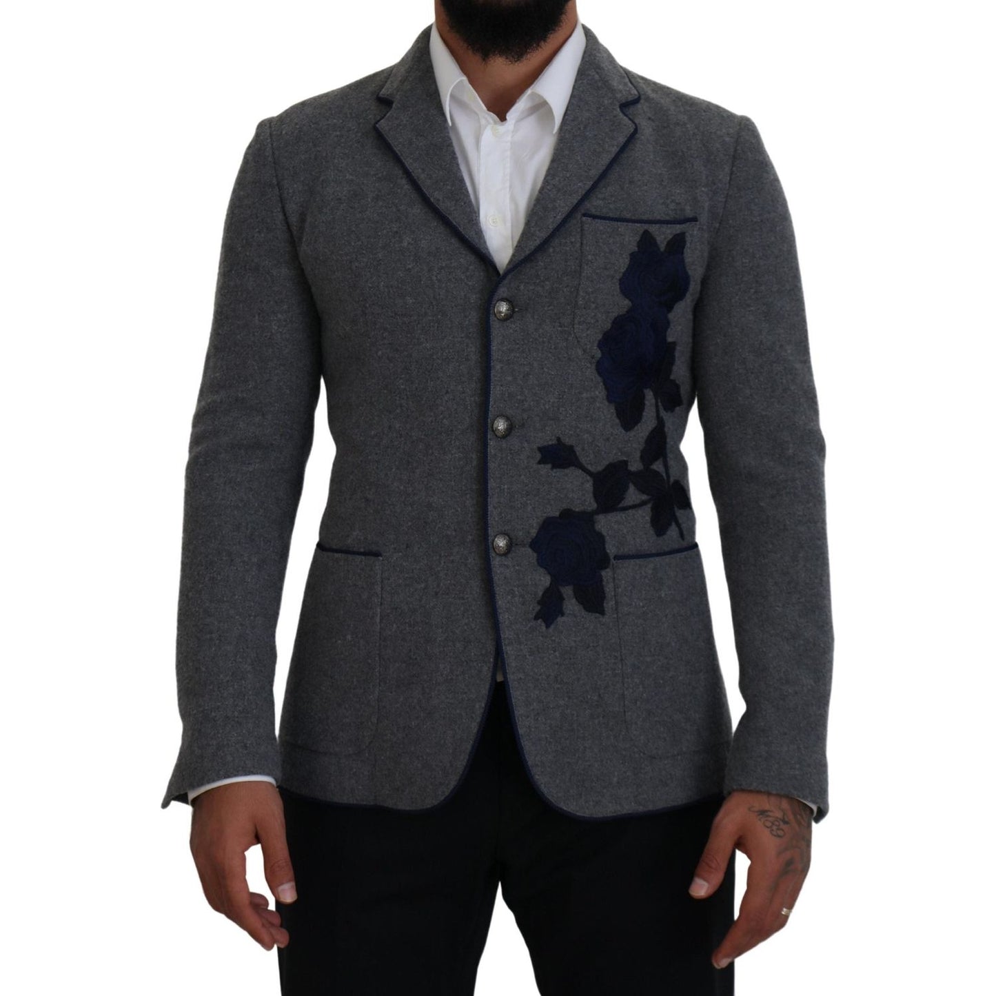 Dolce & Gabbana Elegant Gray Wool Blazer with Blue Rose Embroidery Dolce & Gabbana