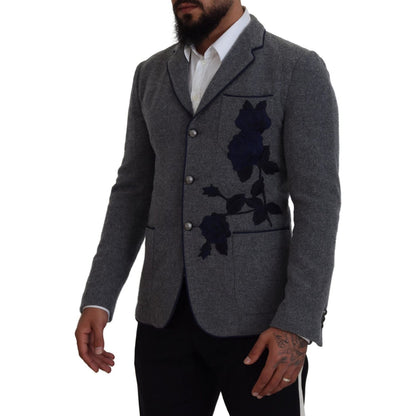 Dolce & Gabbana Gray Wool Roses Slim Fit Jacket Blazer 1728,30% Cupro,34% Acetate,67345645728,Blazers - Men - Clothing,Blazers - Suits & Blazers - Clothing,Clothing,Dolce & Gabbana,Gray,IT44 | XS,IT46 | S,Material: 100% Wool Lining: 36% Rayon,Men,Men - Cl