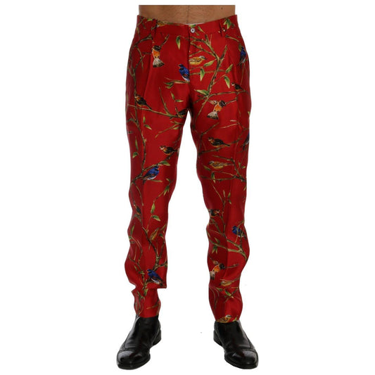 Dolce & Gabbana Red Silk Bird Print Dress Pants Dolce & Gabbana