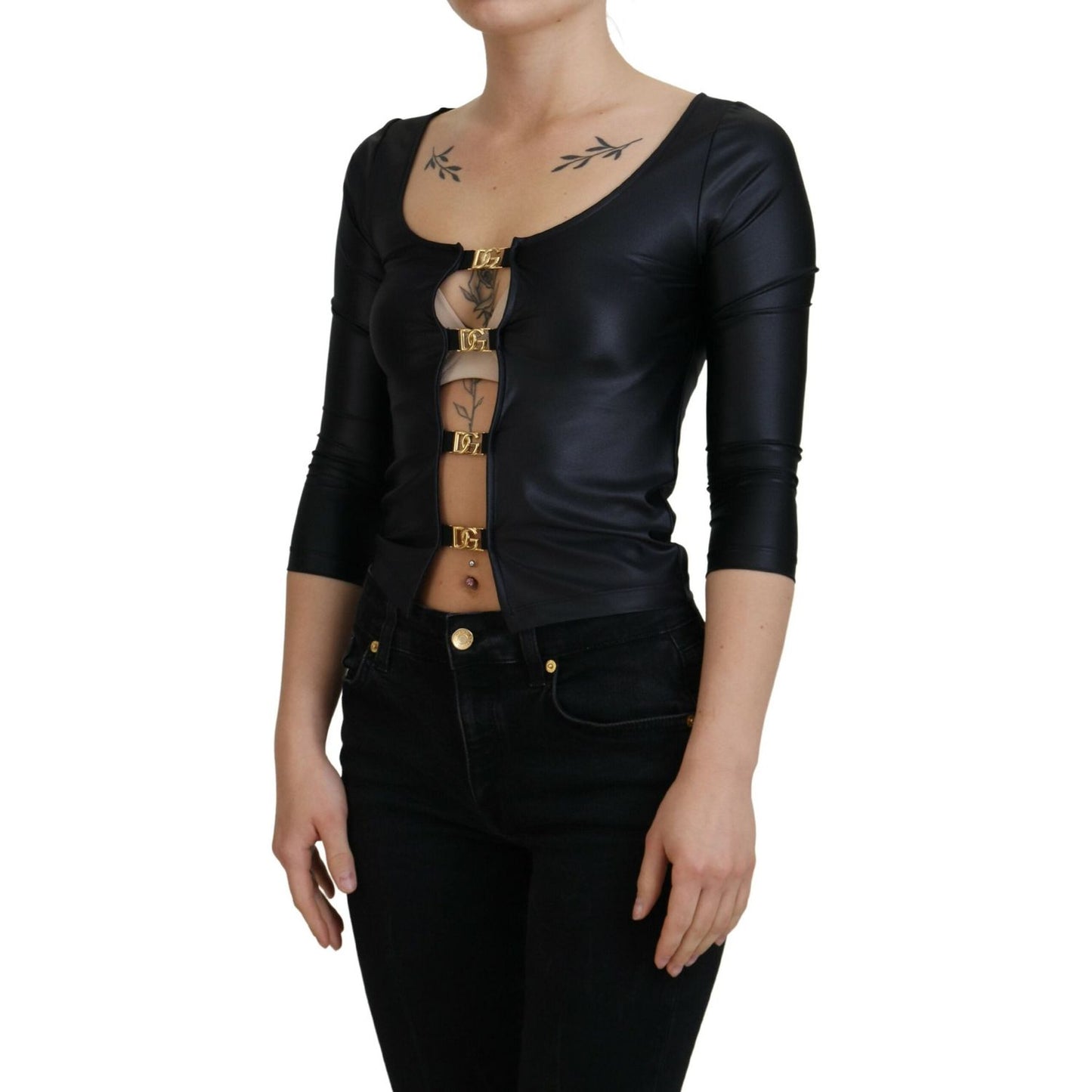 Dolce & Gabbana Black Cotton Stretch Open Chest 3/4 Sleeve Top