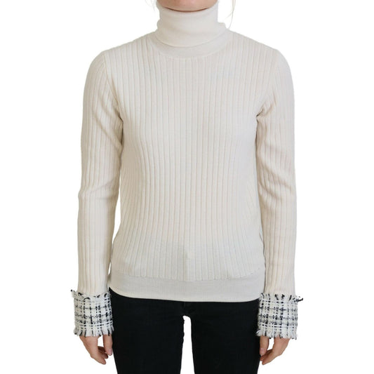 Dolce & Gabbana Ivory Turtleneck Distressed Cuff Pullover Sweater 10% Alpaca,10% Wool,1728,4% Nylon,67345645728,Clothing,Dolce & Gabbana,IT46|XL,Material: 76% Virgin Wool,New with tags,Off White,Sweaters - Clothing,Sweaters - Women - Clothing,Turtlenecks