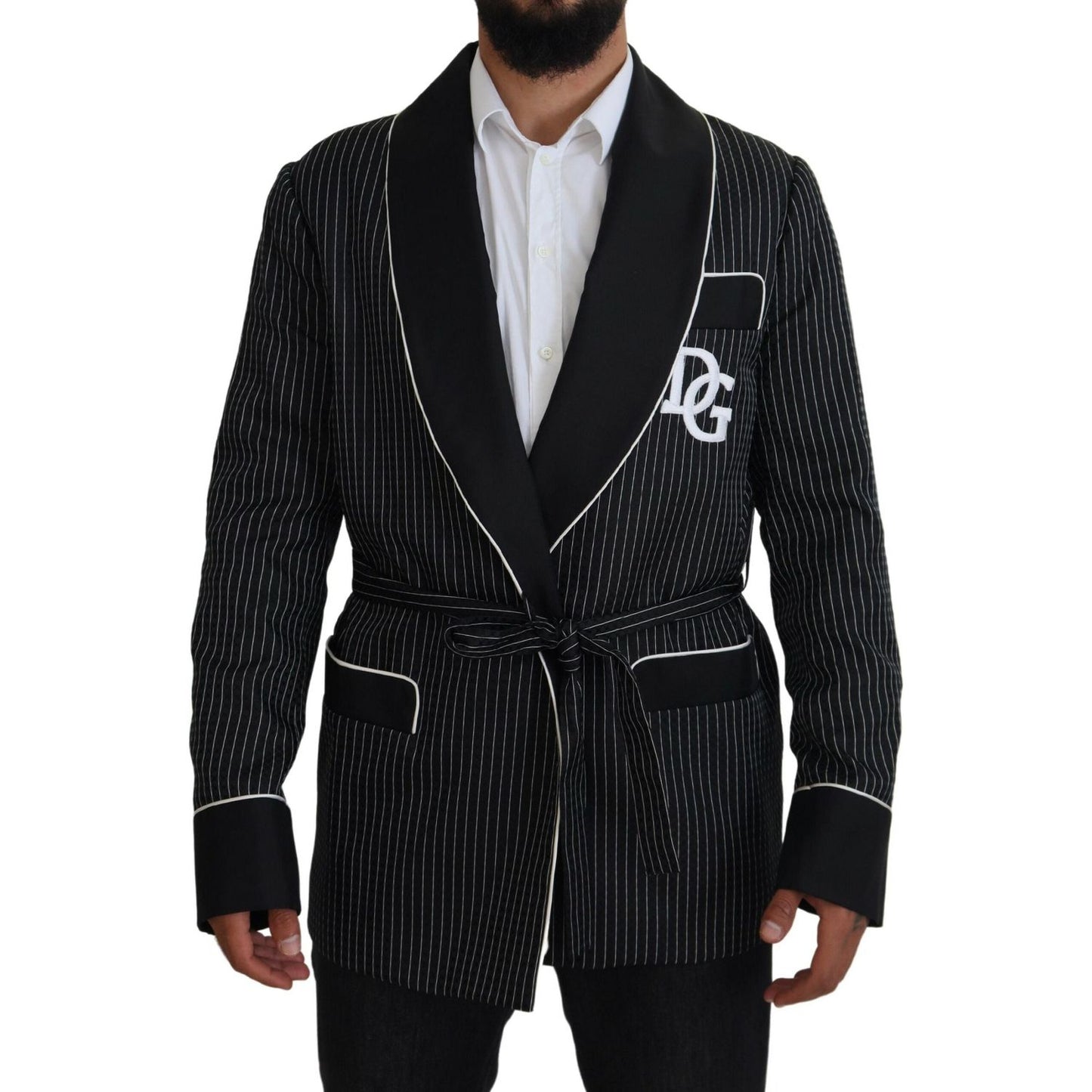 Dolce & Gabbana Black Robe Striped DG Patch Jacket Men Blazer 1728,67345645728,Black and White,Blazers - Men - Clothing,Blazers - Suits & Blazers - Clothing,Clothing,Dolce & Gabbana,IT46 | S,IT50 | L,Material: 64% Polyester 36% Silk,Men,Men - Clothing,New