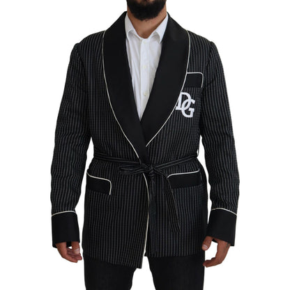 Dolce & Gabbana Black Robe Striped DG Patch Jacket Men Blazer 1728,67345645728,Black and White,Blazers - Men - Clothing,Blazers - Suits & Blazers - Clothing,Clothing,Dolce & Gabbana,IT46 | S,IT50 | L,Material: 64% Polyester 36% Silk,Men,Men - Clothing,New