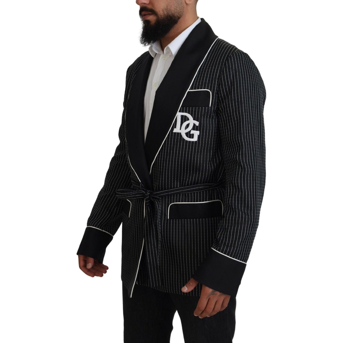 Dolce & Gabbana Black Robe Striped DG Patch Jacket Men Blazer 1728,67345645728,Black and White,Blazers - Men - Clothing,Blazers - Suits & Blazers - Clothing,Clothing,Dolce & Gabbana,IT46 | S,IT50 | L,Material: 64% Polyester 36% Silk,Men,Men - Clothing,New