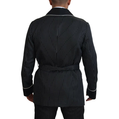 Dolce & Gabbana Black Robe Striped DG Patch Jacket Men Blazer 1728,67345645728,Black and White,Blazers - Men - Clothing,Blazers - Suits & Blazers - Clothing,Clothing,Dolce & Gabbana,IT46 | S,IT50 | L,Material: 64% Polyester 36% Silk,Men,Men - Clothing,New