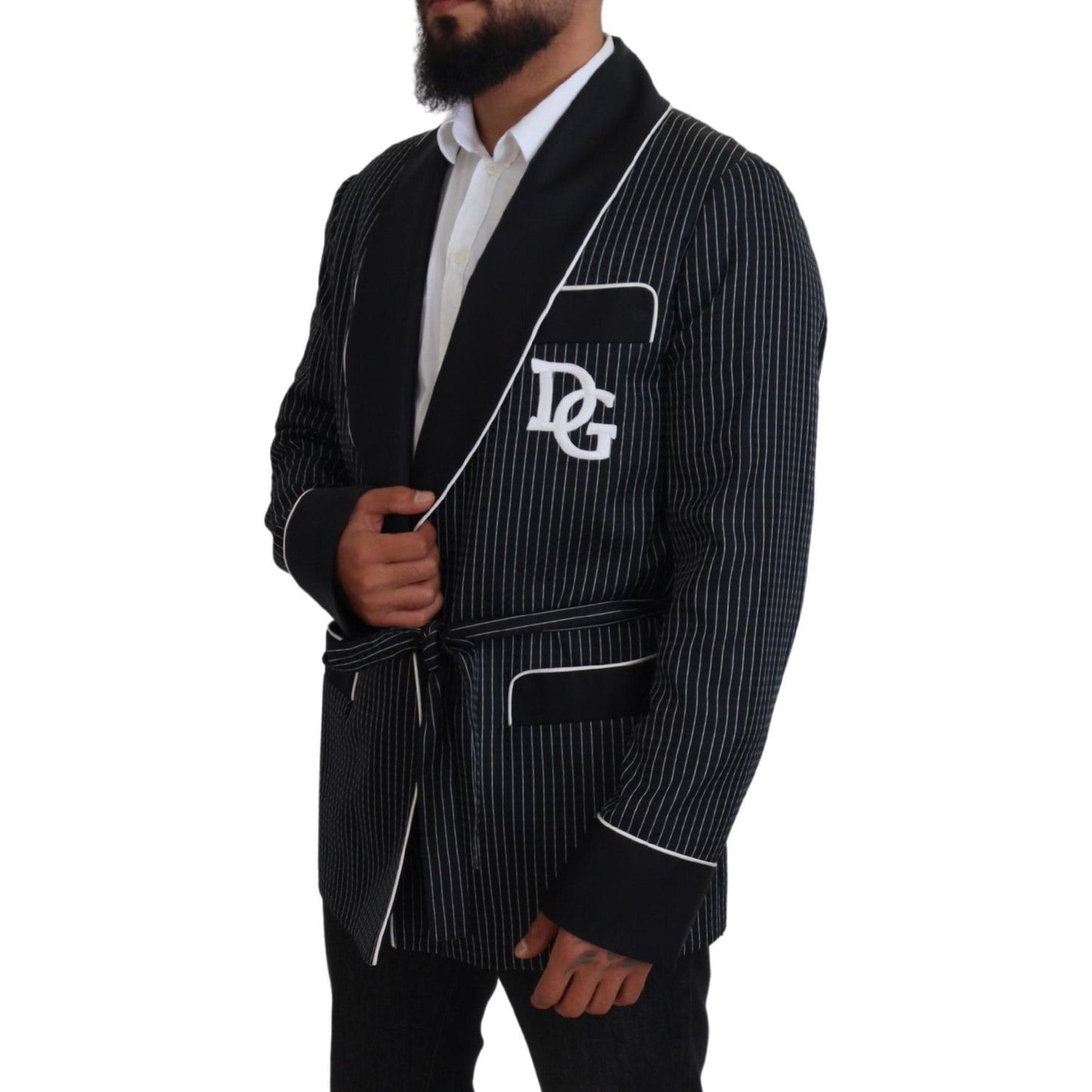 Dolce & Gabbana Black Robe Striped DG Patch Jacket Men Blazer 1728,67345645728,Black and White,Blazers - Men - Clothing,Blazers - Suits & Blazers - Clothing,Clothing,Dolce & Gabbana,IT46 | S,IT50 | L,Material: 64% Polyester 36% Silk,Men,Men - Clothing,New