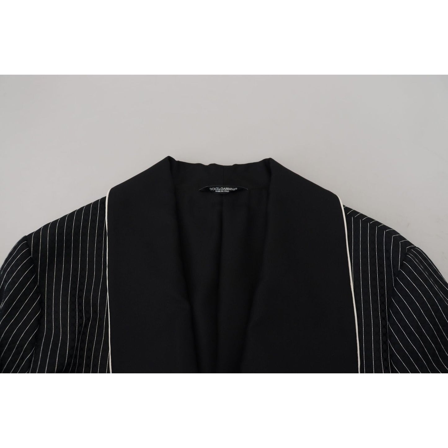 Dolce & Gabbana Black Robe Striped DG Patch Jacket Men Blazer 1728,67345645728,Black and White,Blazers - Men - Clothing,Blazers - Suits & Blazers - Clothing,Clothing,Dolce & Gabbana,IT46 | S,IT50 | L,Material: 64% Polyester 36% Silk,Men,Men - Clothing,New