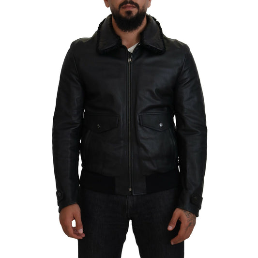 Dolce & Gabbana Black Lamb Leather Collared Men Coat Jacket 1728,67345645728,Clothing,Dolce & Gabbana,IT52 | L,Jackets & Coats - Clothing,Jackets - Men - Clothing,Leather Jackets - Jackets & Coats - Clothing,Material: 100% Leather,Men,Men - Clothing,New w