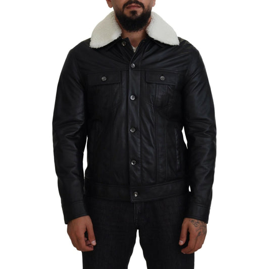 Dolce & Gabbana Black Lamb Leather Collared Men Coat Jacket 1728,67345645728,Black,Bombers - Jackets & Coats - Clothing,Clothing,Dolce & Gabbana,IT48 | M,Jackets & Coats - Clothing,Jackets - Men - Clothing,Leather Jackets - Jackets & Coats - Clothing,Mate