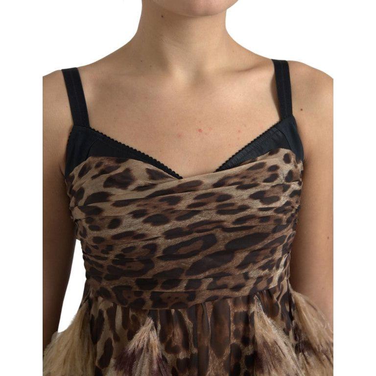 Dolce & Gabbana Sleeveless Leopard Chiffon Ostrich-Feather Dress Dolce & Gabbana