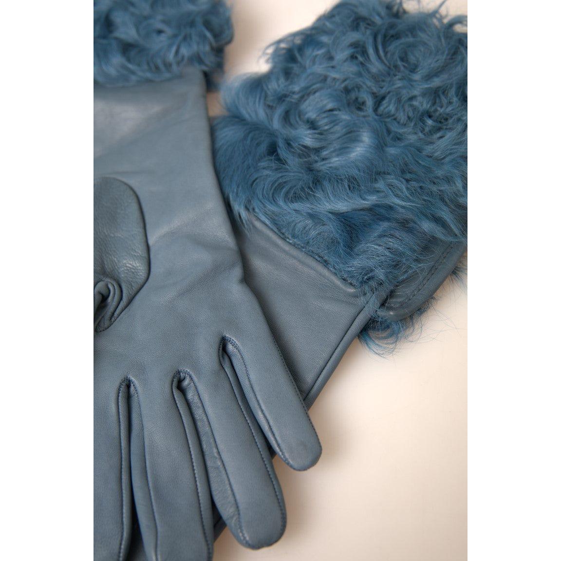 Dolce & Gabbana Elegant Blue Leather Gloves with Fur Trim Dolce & Gabbana