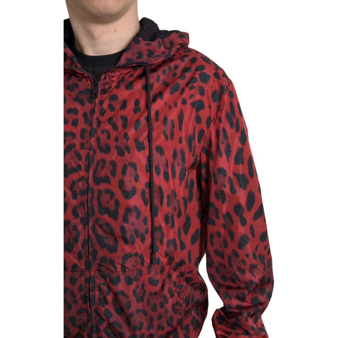 Dolce & Gabbana Red Leopard Hooded Bomber Full Zip Jacket 1728,67345645728,Bombers - Jackets & Coats - Clothing,Clothing,Dolce & Gabbana,IT48 | M,Jackets & Coats - Clothing,Jackets - Men - Clothing,Material: 100% Nylon,Men,Men - Clothing,New with tags,Red