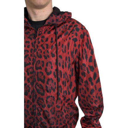 Dolce & Gabbana Red Leopard Hooded Bomber Full Zip Jacket 1728,67345645728,Bombers - Jackets & Coats - Clothing,Clothing,Dolce & Gabbana,IT48 | M,Jackets & Coats - Clothing,Jackets - Men - Clothing,Material: 100% Nylon,Men,Men - Clothing,New with tags,Red