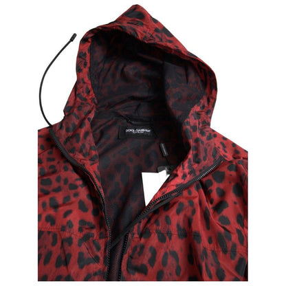 Dolce & Gabbana Red Leopard Hooded Bomber Full Zip Jacket 1728,67345645728,Bombers - Jackets & Coats - Clothing,Clothing,Dolce & Gabbana,IT48 | M,Jackets & Coats - Clothing,Jackets - Men - Clothing,Material: 100% Nylon,Men,Men - Clothing,New with tags,Red