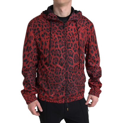 Dolce & Gabbana Red Leopard Hooded Bomber Full Zip Jacket 1728,67345645728,Bombers - Jackets & Coats - Clothing,Clothing,Dolce & Gabbana,IT48 | M,Jackets & Coats - Clothing,Jackets - Men - Clothing,Material: 100% Nylon,Men,Men - Clothing,New with tags,Red