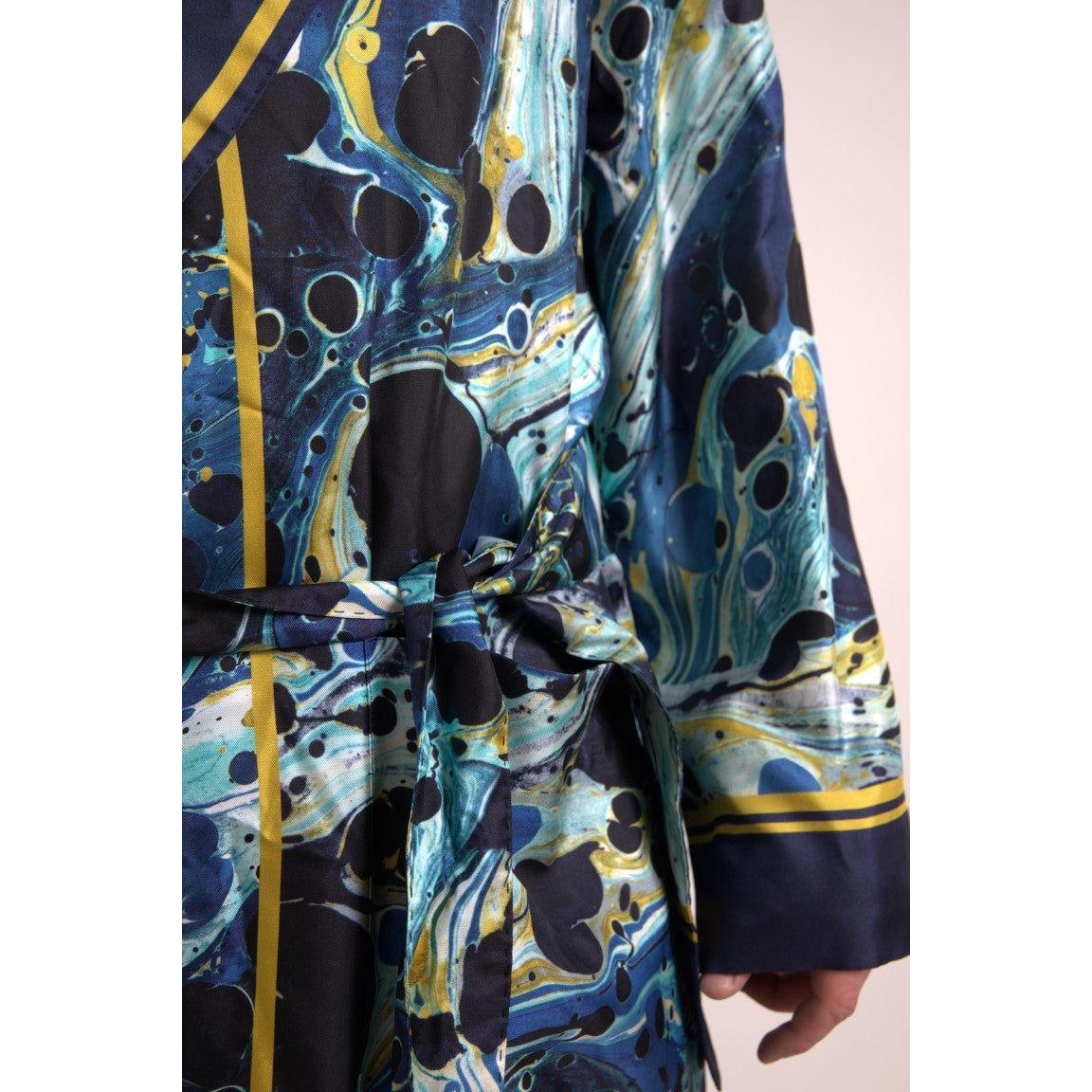 Dolce & Gabbana Marble Blue Silk Long Robe Luxury Sleepwear Dolce & Gabbana