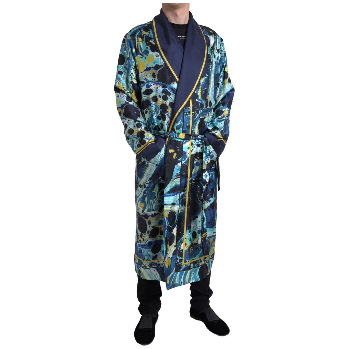 Dolce & Gabbana Marble Blue Silk Long Robe Luxury Sleepwear Dolce & Gabbana