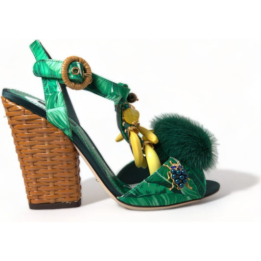 Dolce & Gabbana Green Crystal Mink Fur T-Strap Sandals Dolce & Gabbana