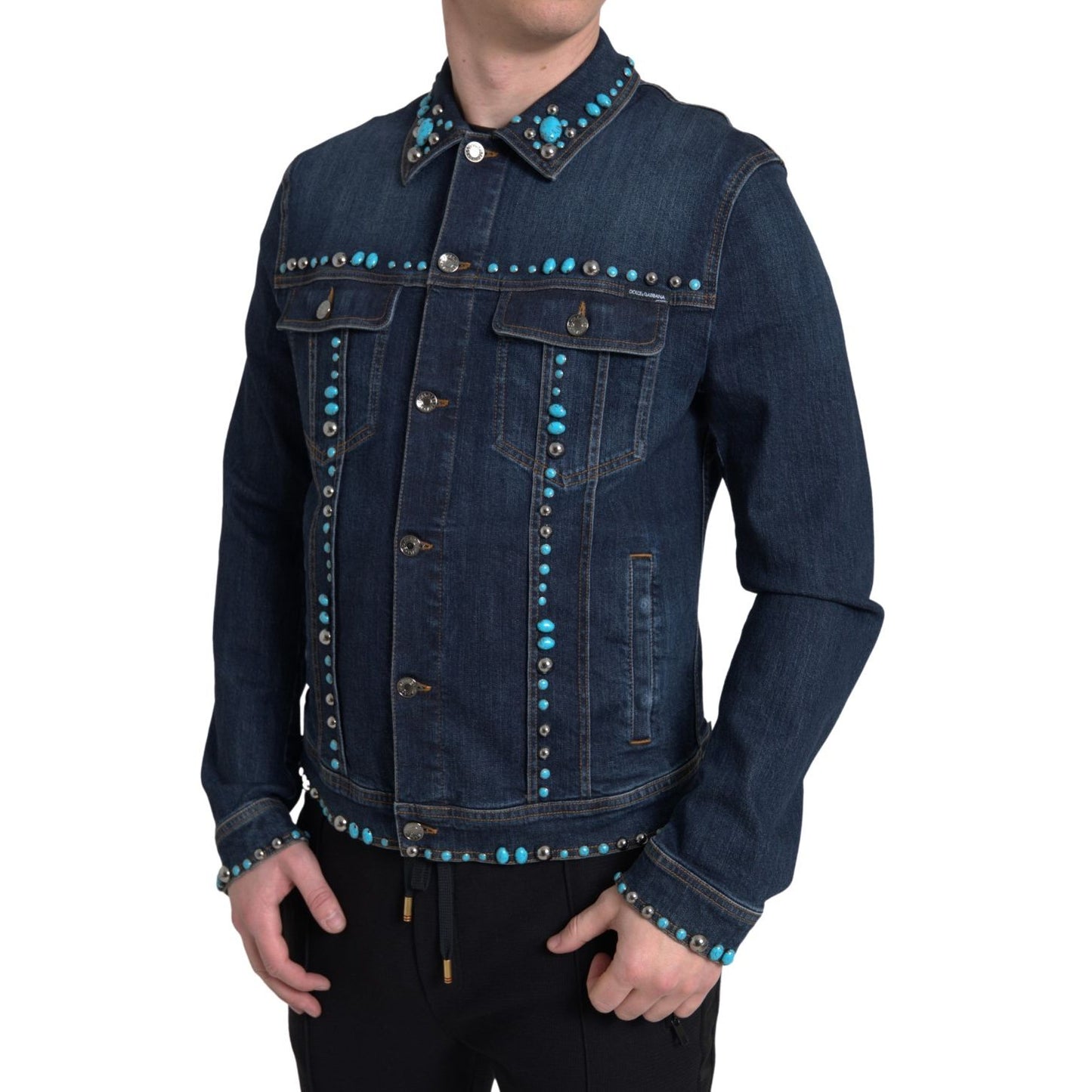 Dolce & Gabbana Blue Denim Turquoise Stones Studded Jacket 1728,67345645728,Blue,Clothing,Denim Jackets - Jackets & Coats - Clothing,Dolce & Gabbana,IT46 | S,IT48 | M,Jackets & Coats - Clothing,Jackets - Men - Clothing,Material: 98% Cotton 2% Elastane,Men
