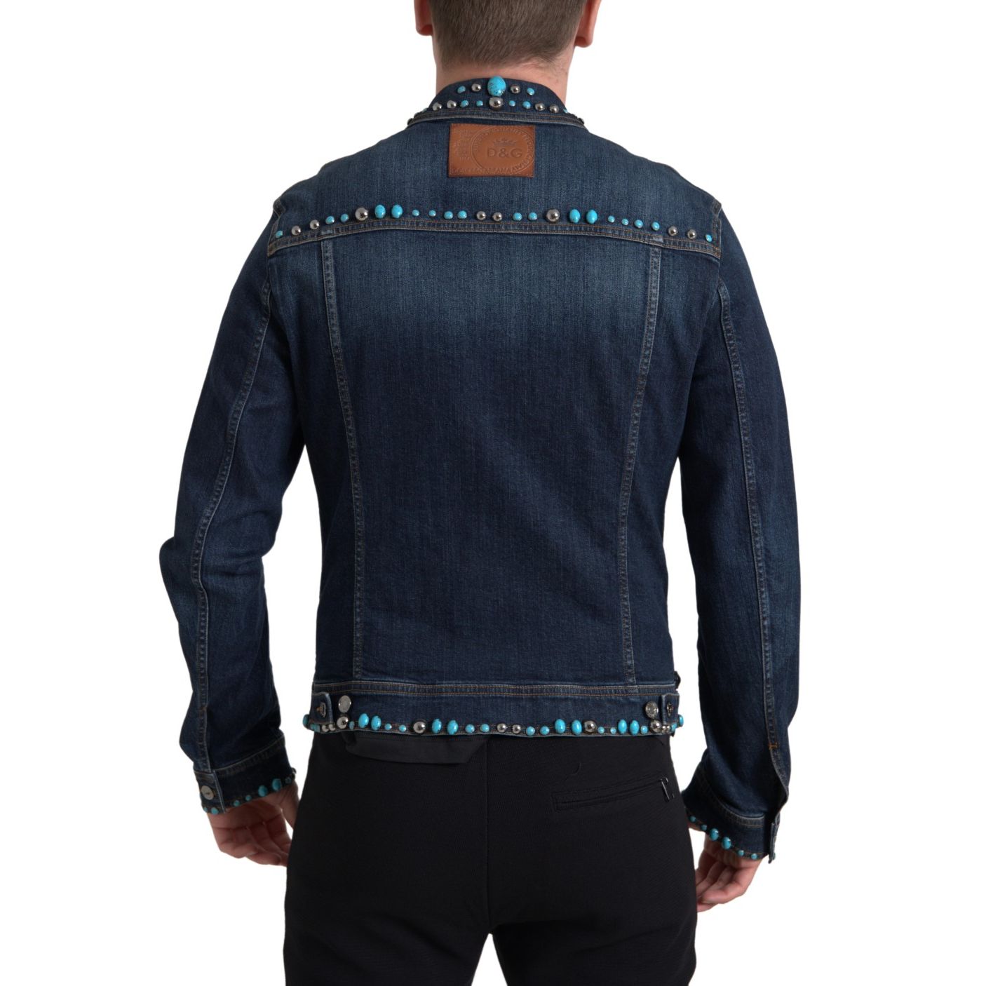 Dolce & Gabbana Blue Denim Turquoise Stones Studded Jacket 1728,67345645728,Blue,Clothing,Denim Jackets - Jackets & Coats - Clothing,Dolce & Gabbana,IT46 | S,IT48 | M,Jackets & Coats - Clothing,Jackets - Men - Clothing,Material: 98% Cotton 2% Elastane,Men