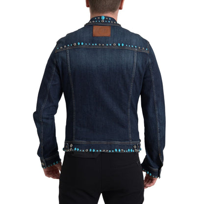 Dolce & Gabbana Blue Denim Turquoise Stones Studded Jacket 1728,67345645728,Blue,Clothing,Denim Jackets - Jackets & Coats - Clothing,Dolce & Gabbana,IT46 | S,IT48 | M,Jackets & Coats - Clothing,Jackets - Men - Clothing,Material: 98% Cotton 2% Elastane,Men