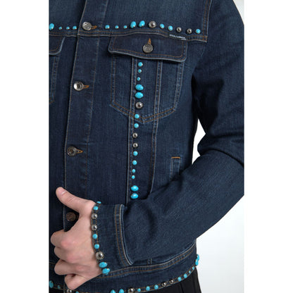 Dolce & Gabbana Blue Denim Turquoise Stones Studded Jacket 1728,67345645728,Blue,Clothing,Denim Jackets - Jackets & Coats - Clothing,Dolce & Gabbana,IT46 | S,IT48 | M,Jackets & Coats - Clothing,Jackets - Men - Clothing,Material: 98% Cotton 2% Elastane,Men