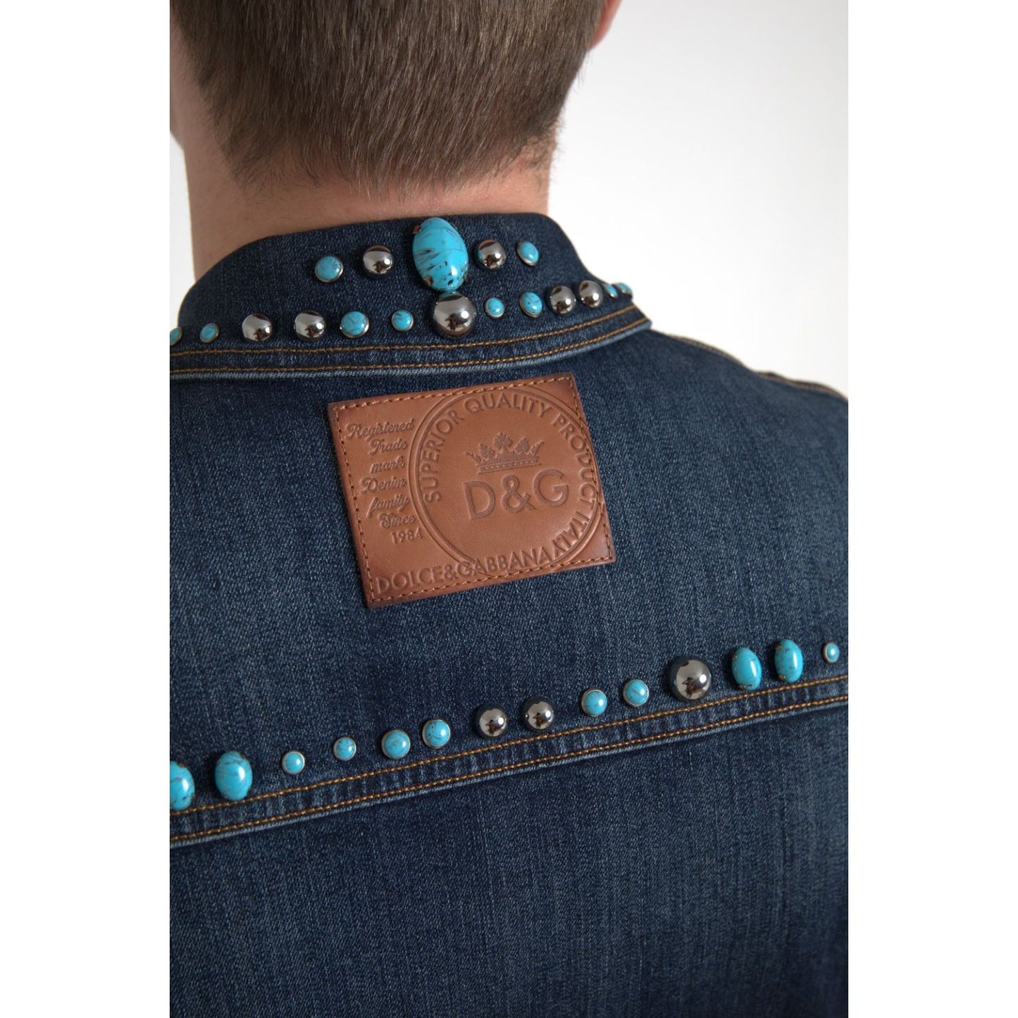 Dolce & Gabbana Blue Denim Turquoise Stones Studded Jacket 1728,67345645728,Blue,Clothing,Denim Jackets - Jackets & Coats - Clothing,Dolce & Gabbana,IT46 | S,IT48 | M,Jackets & Coats - Clothing,Jackets - Men - Clothing,Material: 98% Cotton 2% Elastane,Men