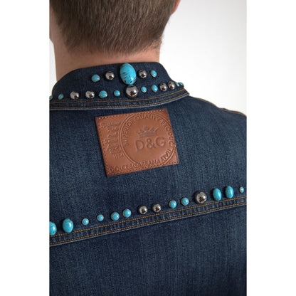 Dolce & Gabbana Blue Denim Turquoise Stones Studded Jacket 1728,67345645728,Blue,Clothing,Denim Jackets - Jackets & Coats - Clothing,Dolce & Gabbana,IT46 | S,IT48 | M,Jackets & Coats - Clothing,Jackets - Men - Clothing,Material: 98% Cotton 2% Elastane,Men