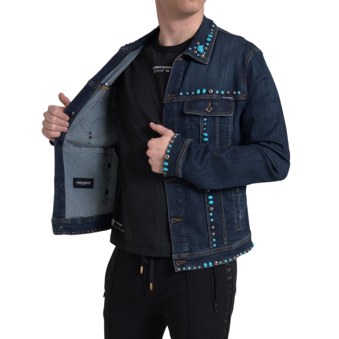 Dolce & Gabbana Blue Denim Turquoise Stones Studded Jacket 1728,67345645728,Blue,Clothing,Denim Jackets - Jackets & Coats - Clothing,Dolce & Gabbana,IT46 | S,IT48 | M,Jackets & Coats - Clothing,Jackets - Men - Clothing,Material: 98% Cotton 2% Elastane,Men