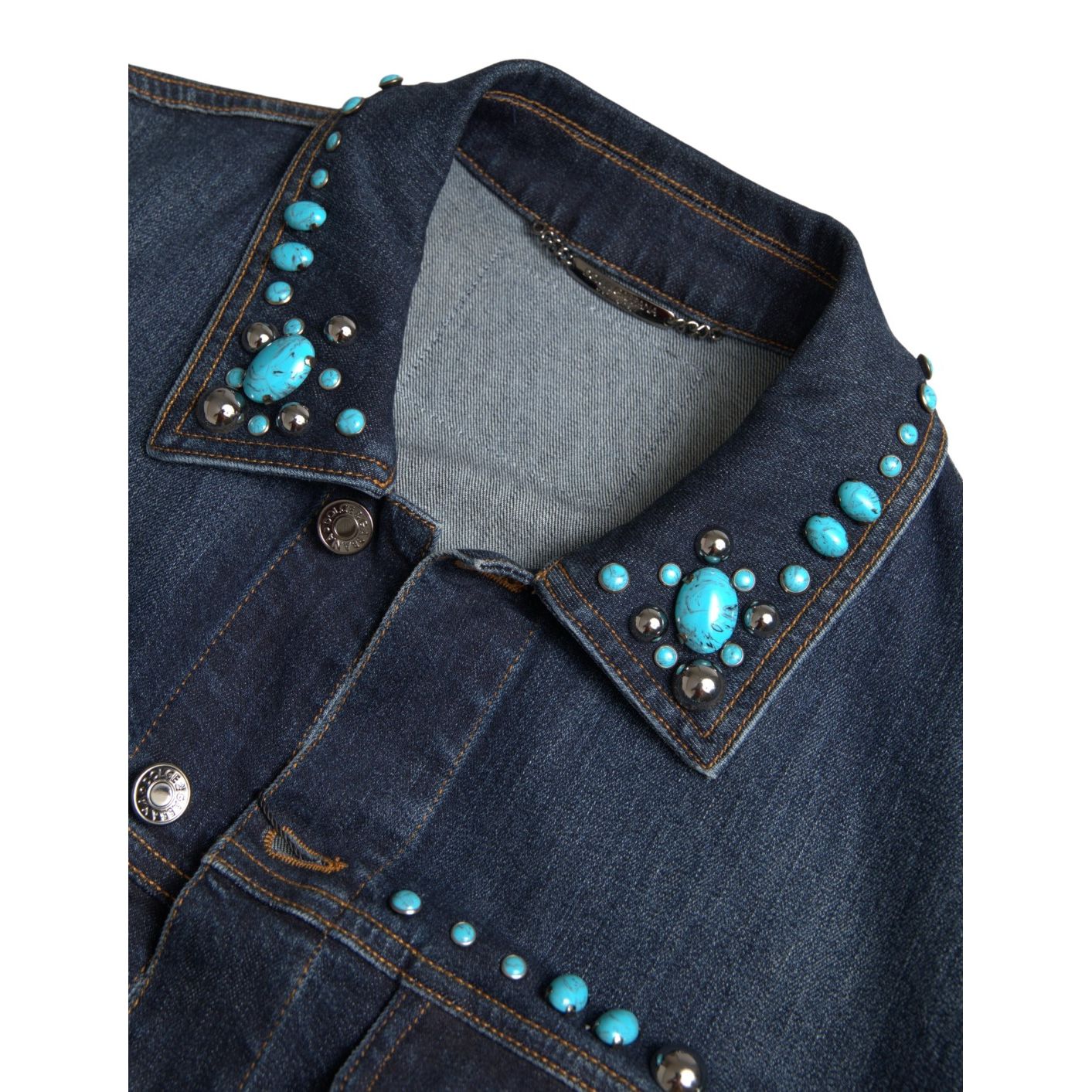 Dolce & Gabbana Blue Denim Turquoise Stones Studded Jacket 1728,67345645728,Blue,Clothing,Denim Jackets - Jackets & Coats - Clothing,Dolce & Gabbana,IT46 | S,IT48 | M,Jackets & Coats - Clothing,Jackets - Men - Clothing,Material: 98% Cotton 2% Elastane,Men