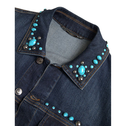 Dolce & Gabbana Blue Denim Turquoise Stones Studded Jacket 1728,67345645728,Blue,Clothing,Denim Jackets - Jackets & Coats - Clothing,Dolce & Gabbana,IT46 | S,IT48 | M,Jackets & Coats - Clothing,Jackets - Men - Clothing,Material: 98% Cotton 2% Elastane,Men
