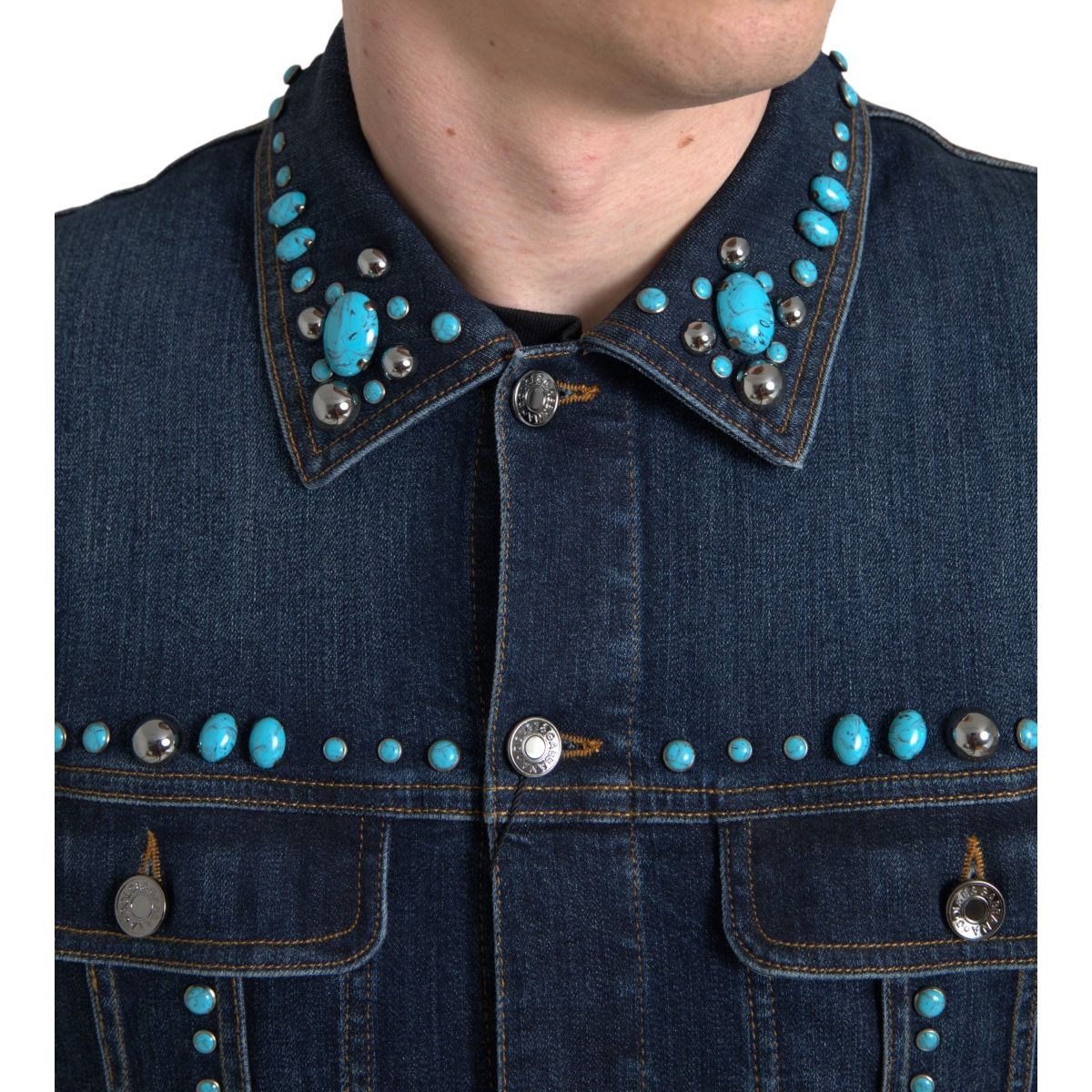 Dolce & Gabbana Blue Denim Turquoise Stones Studded Jacket 1728,67345645728,Blue,Clothing,Denim Jackets - Jackets & Coats - Clothing,Dolce & Gabbana,IT46 | S,IT48 | M,Jackets & Coats - Clothing,Jackets - Men - Clothing,Material: 98% Cotton 2% Elastane,Men