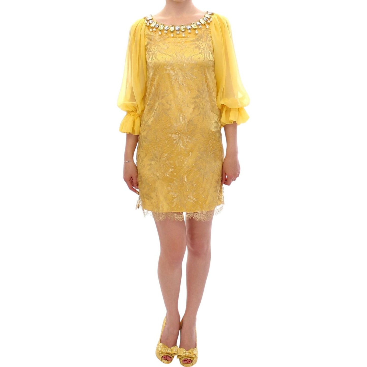 Dolce & Gabbana Yellow Lace Crystal Embellished Mini Dress Dolce & Gabbana