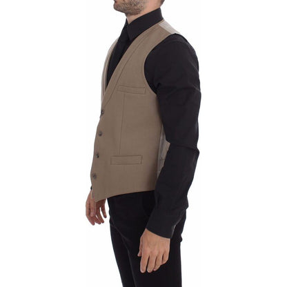 Dolce & Gabbana Beige Cotton Slim Fit Button Front Dress Vest