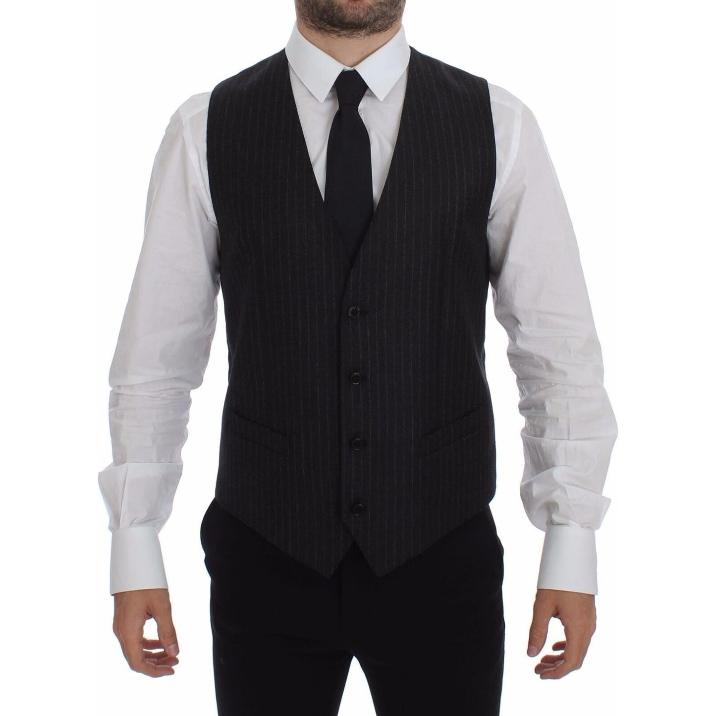 Dolce & Gabbana Gray Striped Wool Logo Vest Gilet Vests